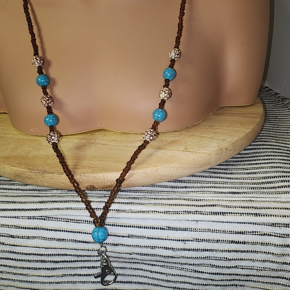 Artisan Amber, Turquoise and Flower Beaded Lanyard